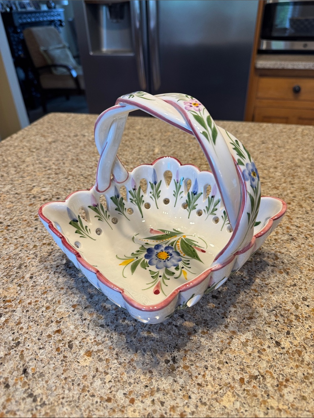 Vintage RCCL Hand Painted Porcelain Floral Basket Bowl Braided Handle Portugal - Picture 3 of 6